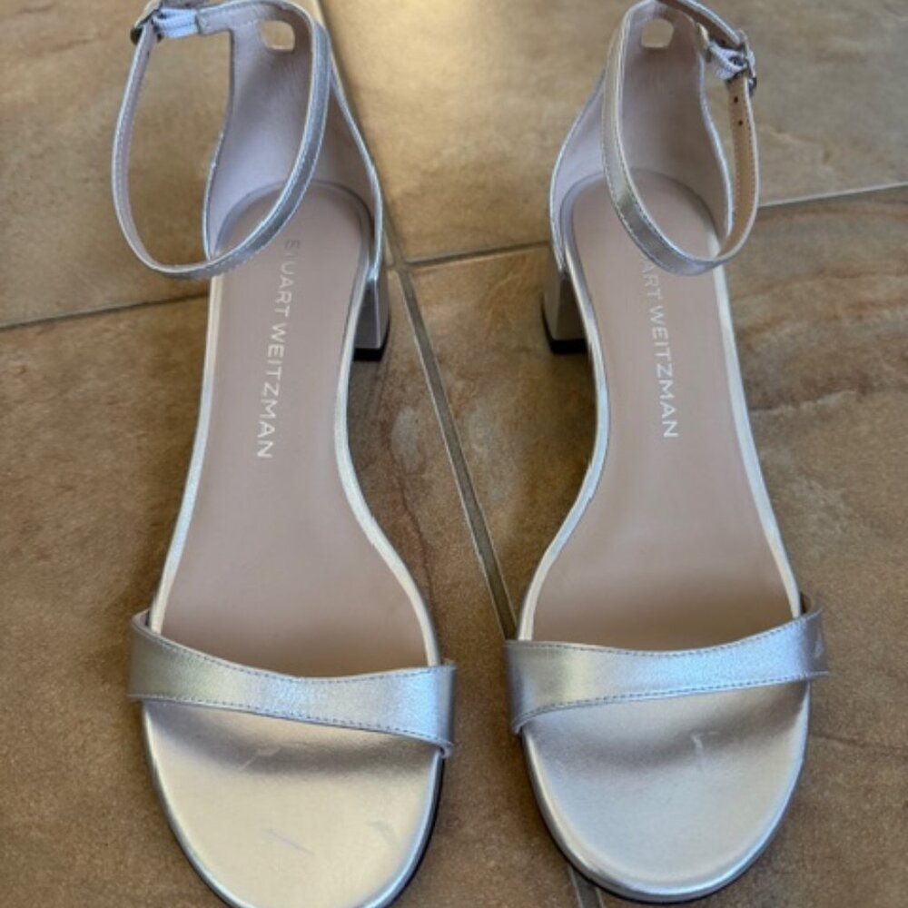 Stuart Weitzman Metallic Silver Block Heel Sandal… - image 2